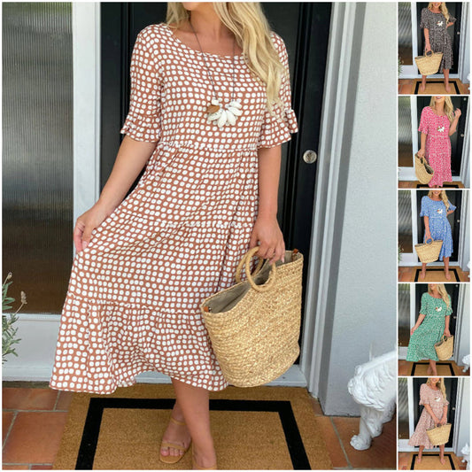 🏖️Summer Hot Sale 60% OFF💃Round Neck Polka Dot Print Midi Dress