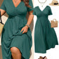 👗50% OFF! ✨ Plus Size V-Neck Ruched Short Sleeve Midi Dress with Flounce – A-Line Silhouette & Flowy Fabric 🌸
