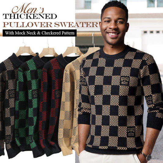 ⛄Winter Clearance⛄Men‘s Checkered Printed Mock Neck Thickened Pullover Sweater