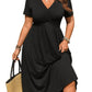 👗50% OFF! ✨ Plus Size V-Neck Ruched Short Sleeve Midi Dress with Flounce – A-Line Silhouette & Flowy Fabric 🌸