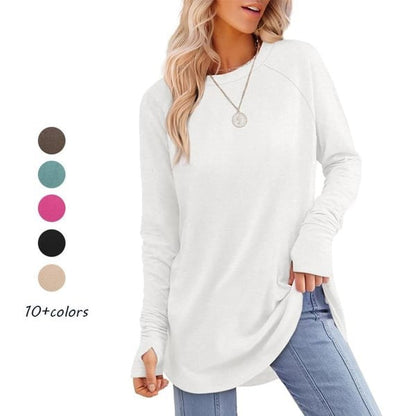 2025 Fall New✨Womens Tunic Tops to Wear with Leggings Long Sleeve Thumb Hole Shirts Crew Neck Curved Hem