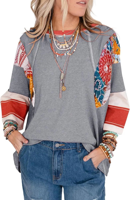 🍂Autumn Sales 49% OFF🔥Women's Batwing 3/4 Sleeve Stripe Patchwork Blouse