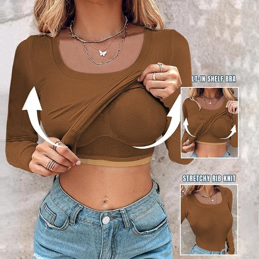 💥LAST DAY SPECIAL PRICE: ￡14.99!!🎁🔥Neck Built-in Bra Long Sleeve Ribbed Top Shirts Elegant Skinny Fit Fabric