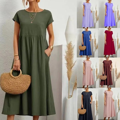 💝Solid Color Sleeveless Loose Cotton Pocket Dress