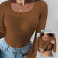 💥LAST DAY SPECIAL PRICE: ￡14.99!!🎁🔥Neck Built-in Bra Long Sleeve Ribbed Top Shirts Elegant Skinny Fit Fabric