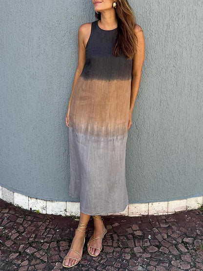 cotton and linen sleeveless slit gradient tie-dye long dress