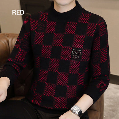 ⛄Winter Clearance⛄Men‘s Checkered Printed Mock Neck Thickened Pullover Sweater