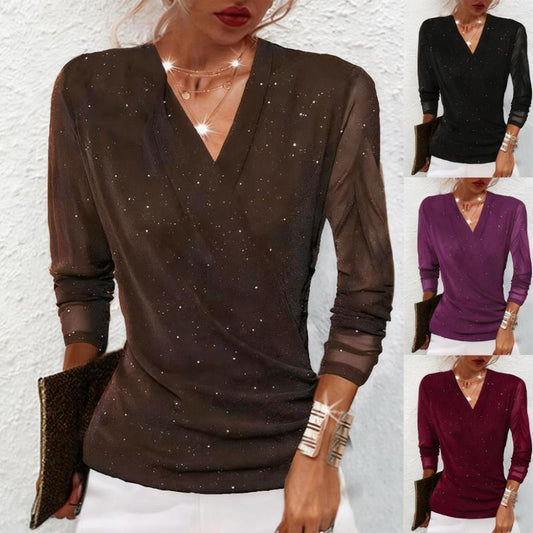 💕Hot Sale 50% OFF💕Women's Sparkle Crossover V-Neck Long Sleeve Top