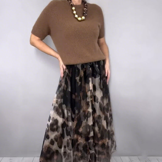 🎁Limited Sale 50% OFF💗Women's Two-Piece Sweater & Leopard Flowy Skirt Set