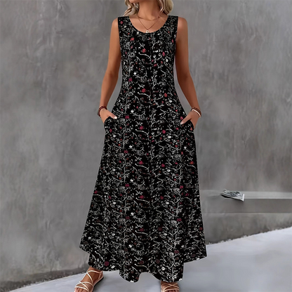 ⏰🍂Autumn Early Bird Sale-Women's Floral Print Sleeveless Maxi Dress with Pockets