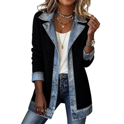 🌸LAST DAY 50% OFF🌸Women’s Elegant Denim Spliced Ribbed Knit Coat
