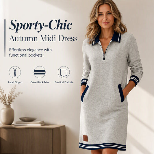 Women Long Sleeve Dress with Zipper and Pockets