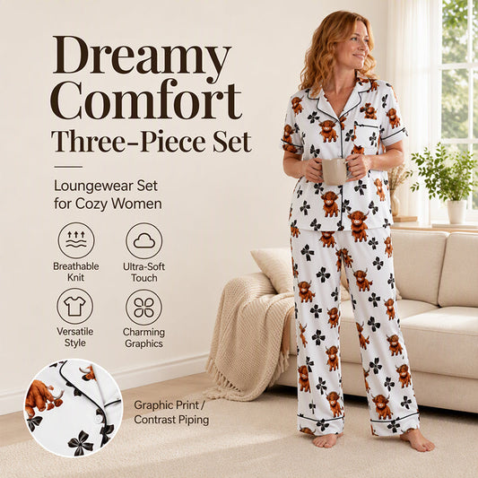⏳LAST DAY SALE 60% OFF!!🐮Cute Highland Cow Print, 3-Piece Fun Pajama Set – Cozy Lounge & Sleepwear ✨
