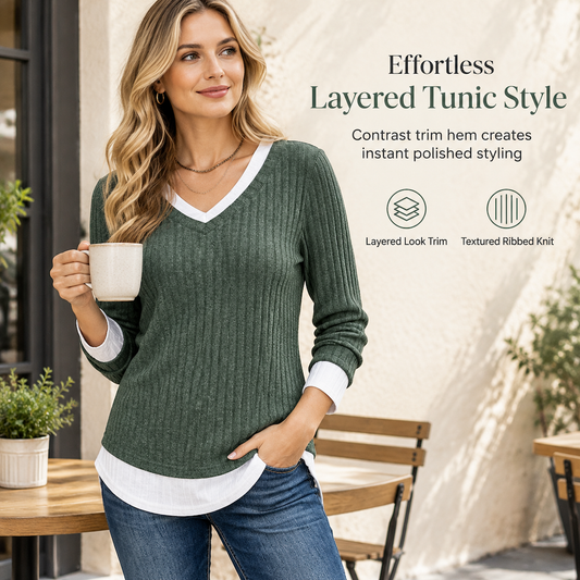 Faux Two Piece Layered Knit Sweater Casual Pullover Top