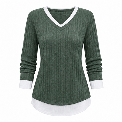 Faux Two Piece Layered Knit Sweater Casual Pullover Top